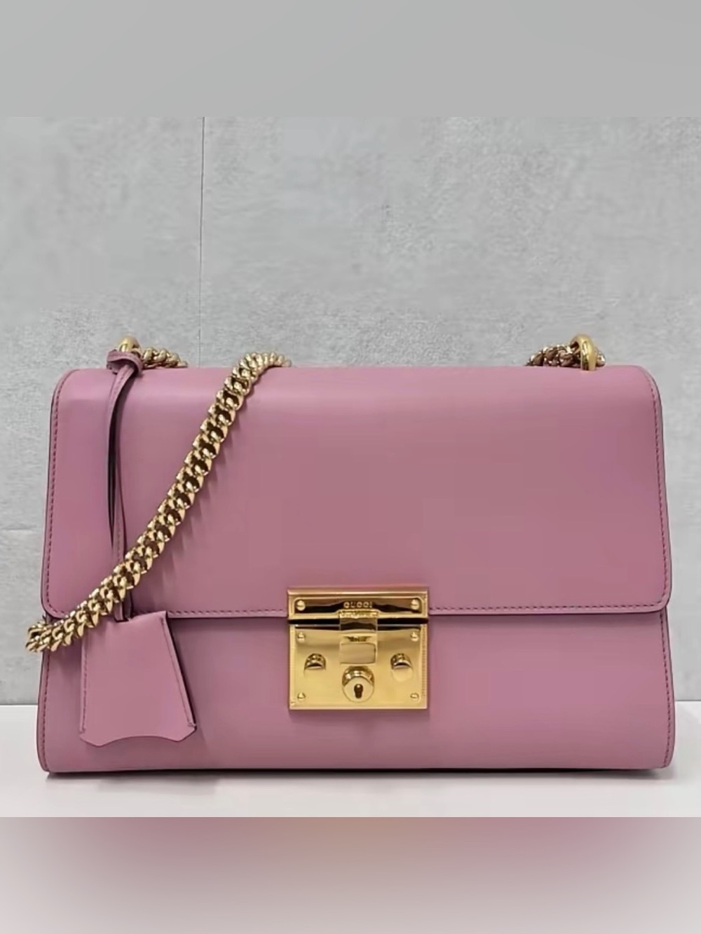 Gucci Padlock Smooth Pink Leather Shoulder Bag with Key
